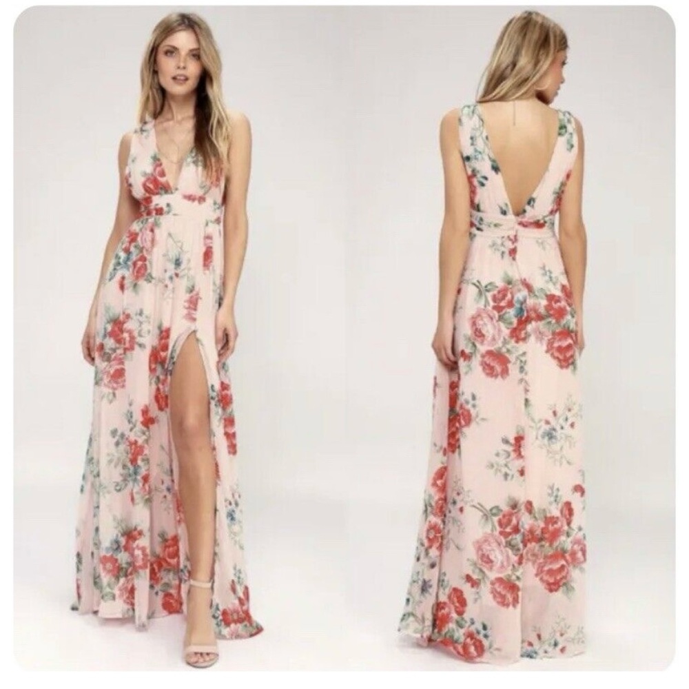 Lulu's Pink Floral V‑Neck Maxi Dress with Thigh Slit